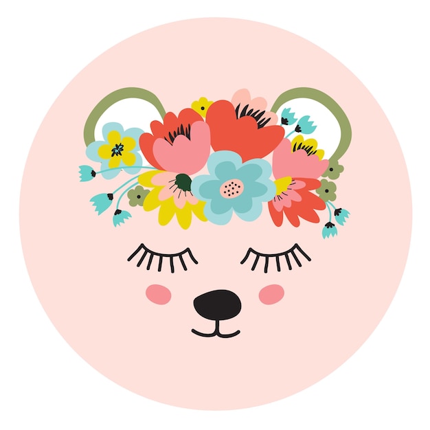 Face of cute bear wreath of flowers on his head Vector illustration