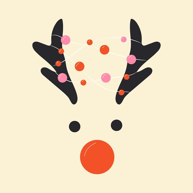 The face of a cute Christmas deer with a garland.Vector in cartoon style. All elements are isolated