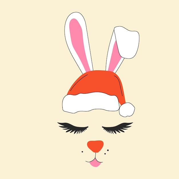 The face of a cute Christmas rabbit with santas hat.Vector in cartoon style.