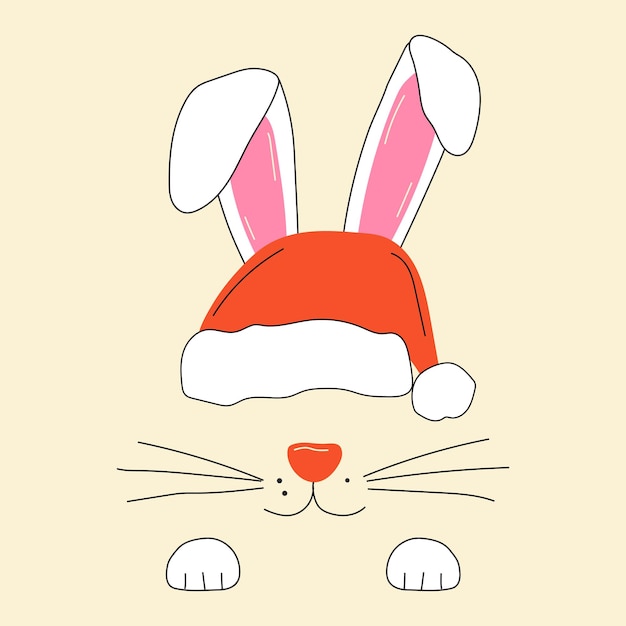 The face of a cute Christmas rabbit with santas hat.Vector in cartoon style.