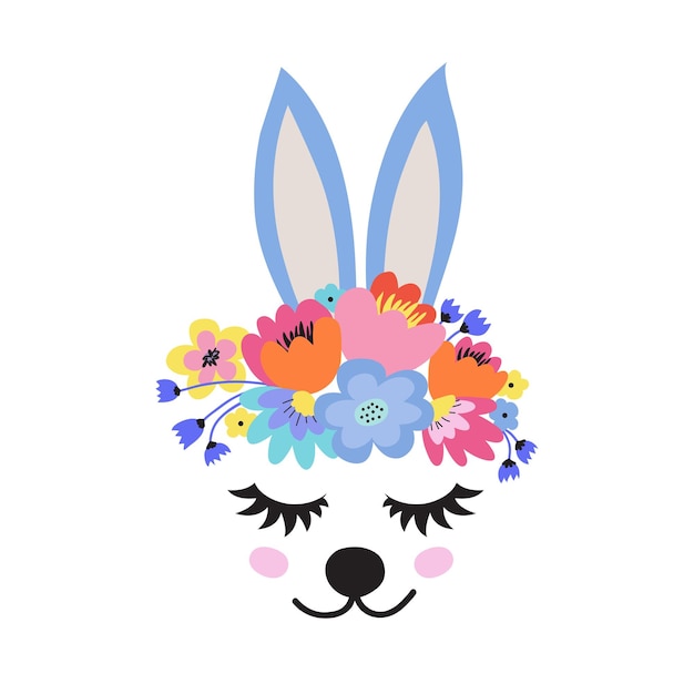 The face of a cute Rabbit a wreath of flowers on head Eyes closed Vector illustration