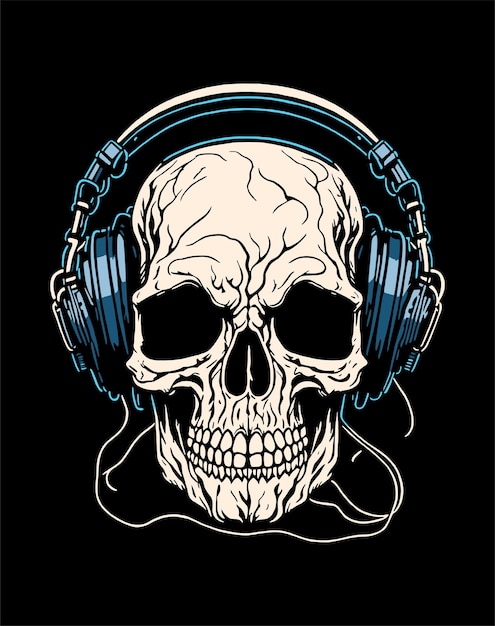 face of dead skull wearing headphones for clothing brand