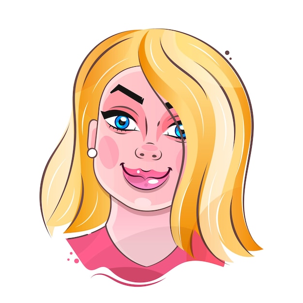 Face expression of woman with blond hair, smiling. Beautiful cartoon character modern business woman. Vector illustration isolated