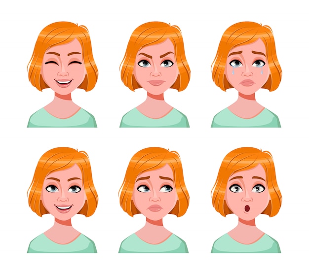 Face expressions of cute redhead woman