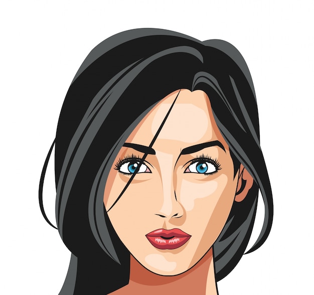 Face girl blue eyes black hair long attractive 