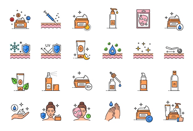 Face and hands skin care dermatology line icons