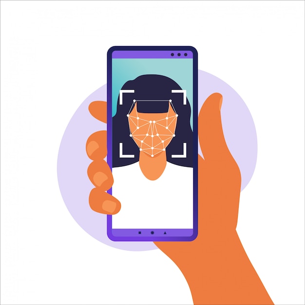 Face ID, face recognition system. facial biometric identification system scanning on smartphone. Hand holding smartphone with human head and scanning app on screen. illustration.