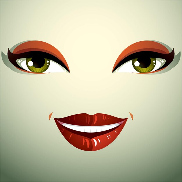 Face makeup, lips and eyes of an attractive woman displaying happiness.