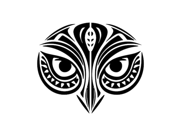 Face of an owl tattooed in black and white with Polynesian patterns