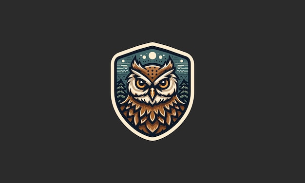 face owl with shield and forest vector logo design