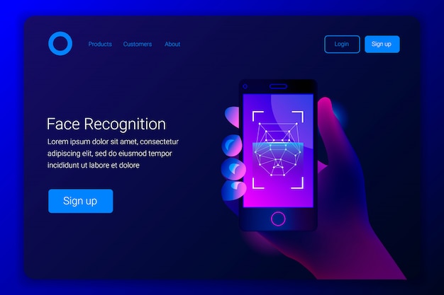 Face recognition concept. High tech technologies. Hand holds a smartphone on the screen of face detection app. Landing page template. Trendy style. illustration.