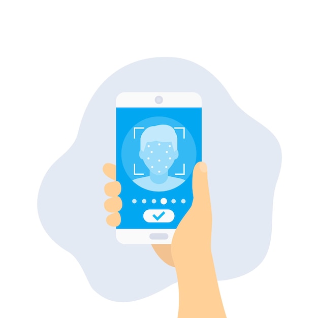 Face recognition, identification, smartphone in hand, vector