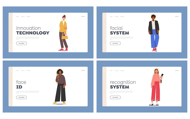 Face Recognition System Landing Page Template Set People with Viewfinder Frames on Faces Biometric Analysis Technology