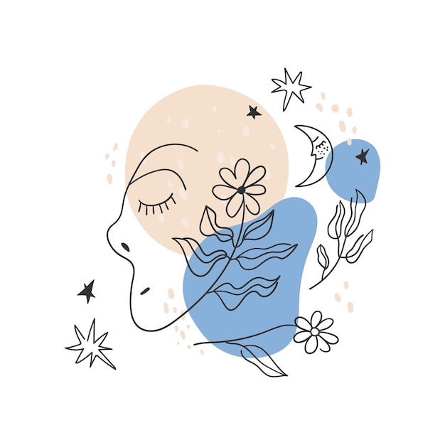 Face side view decorated with daisy flower moon and stars Linear vector composition