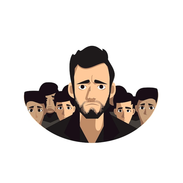 The face of a social phobe with frightened eyes silhouettes of people stand behind him Vector