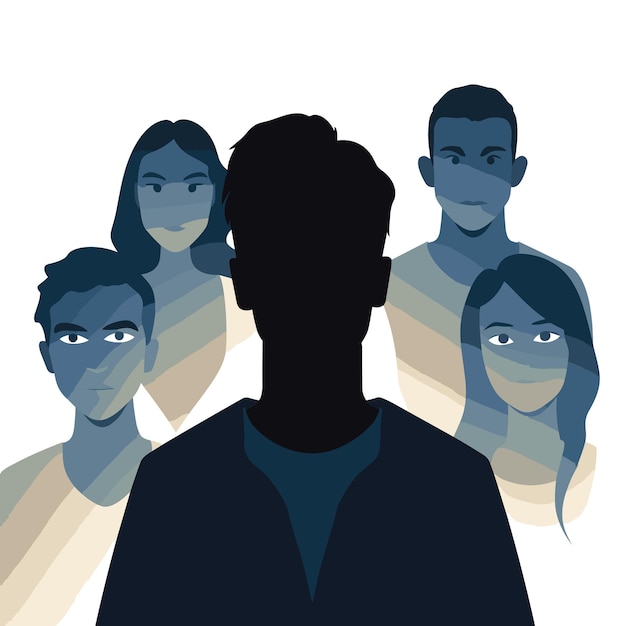 The face of a social phobe with frightened eyes silhouettes of people stand behind him Vector