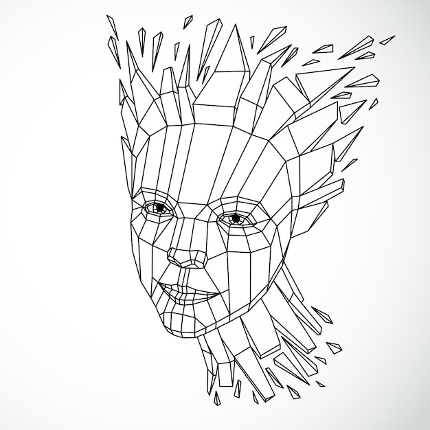 Vector face of a thinking woman created in low poly style, 3d vector human head, brain exploding which symbolizes intelligence and imagination.