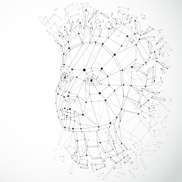 Face of a thinking woman created in low poly style and with connected lines, 3d vector black and white wireframe human head, brain exploding which symbolizes intelligence and imagination.