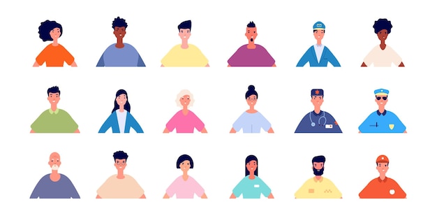 Face users picture. Profile people avatars, young senior persons. Isolated male female professionals portraits utter vector set. Social network avatar, worker model guy, profile business illustration