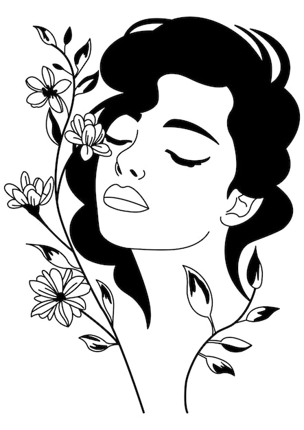 face with flowers head of flowers line art