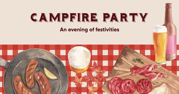 Facebook ads template with bonfire party conceptwatercolor style