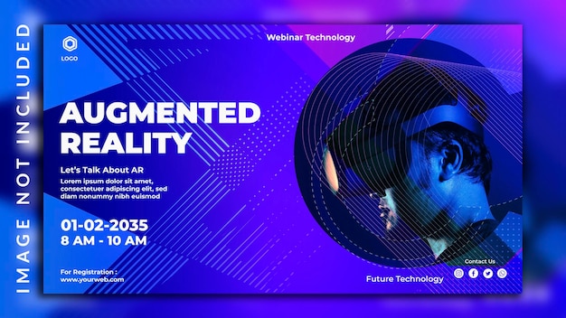 Facebook cover metaverse for webinar conference neon futuristic augmented reality banner design with a man photo