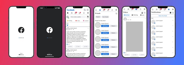 Facebook design Screen social media social network interface template Homepage recommendations subscriptions communication Screenshots from iPhone Gradient background Editorial illustration