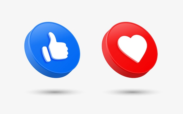 Facebook like and love icon in 3d round circle button for social media notification icons