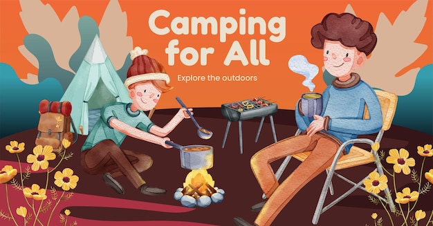 Facebook template with autumn camping picnic conceptwatercolor style