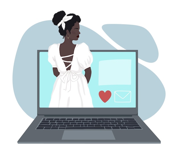 a faceless black woman in a white dress stands in a laptop monitor illustration for online dating