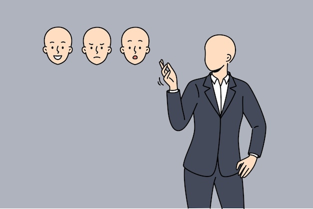 Faceless business man chooses mask face with different emotions for concept ability to manage mood