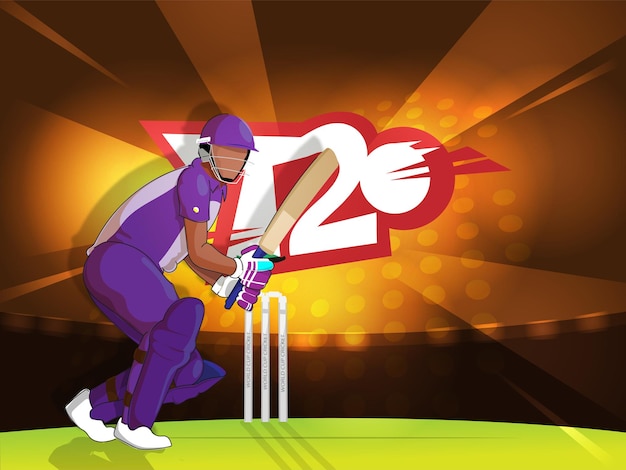 Faceless Cricket Batter In Playing Pose On Abstract Stadium Background For T20 Match Concept.