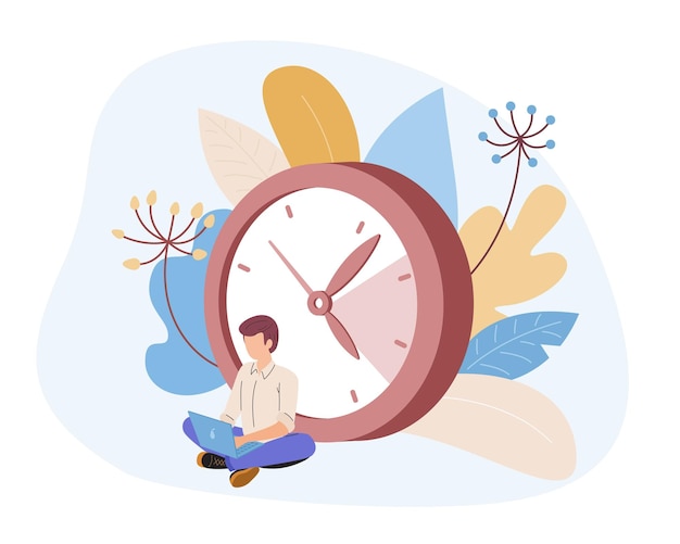 Vector faceless guy working on laptop on background of clock cartoon character doing tasks and managing time career goals achievement vector illustration on white background