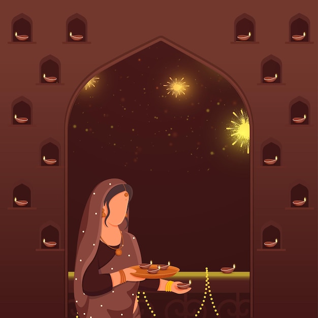 Faceless Indian Woman Decorated Balcony With Windows From Burning Oil Lamps Diya On Brown Fireworks Background