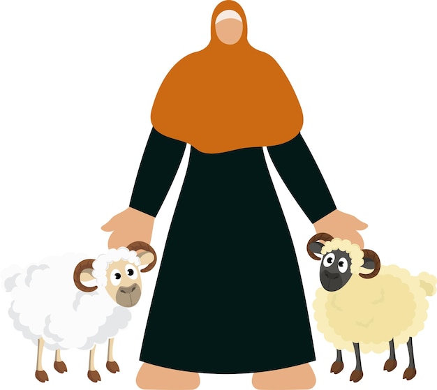 Faceless Islamic Young Woman Standing With Two Sheep Animal On White Background