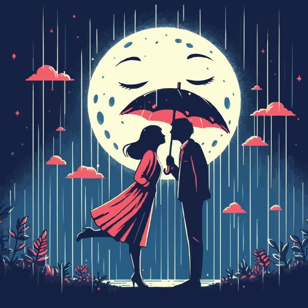 Vector faceless lofi couple night love rain moon passion