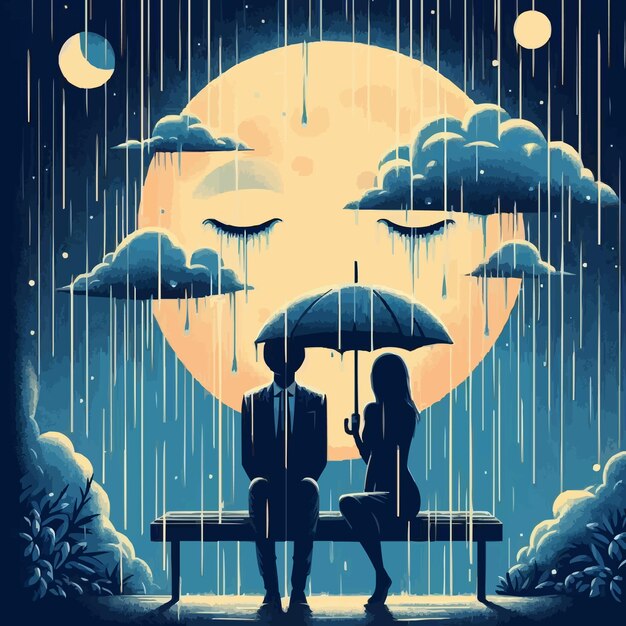 Vector faceless lofi couple night love rain moon passion