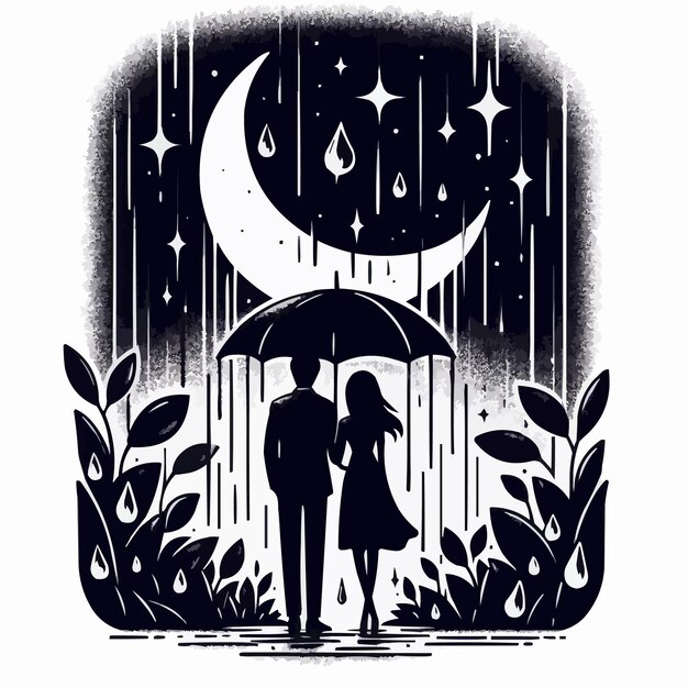 Vector faceless lofi couple night love rain moon passion