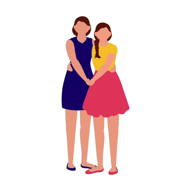 Faceless Modern Young Girls Embracing Against White Background