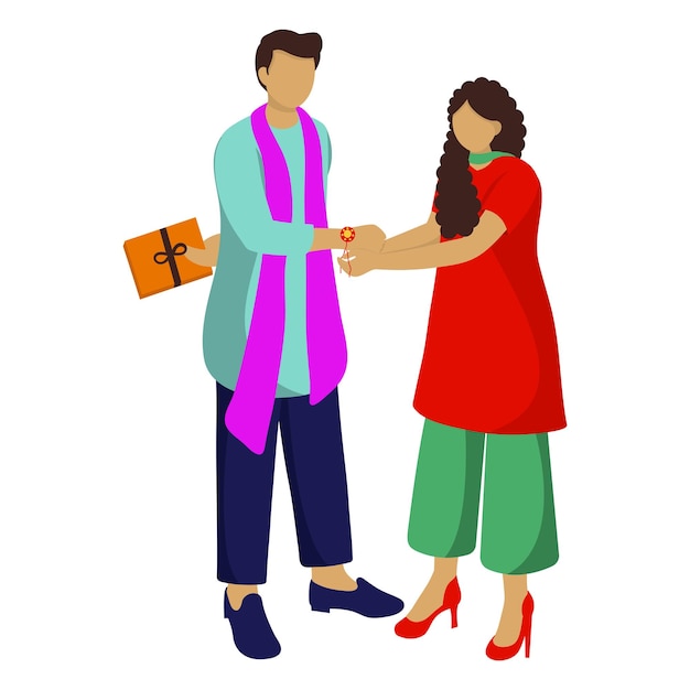 Faceless Teenage Girl Tying Rakhi To Her Brother With Gift Box On White Background