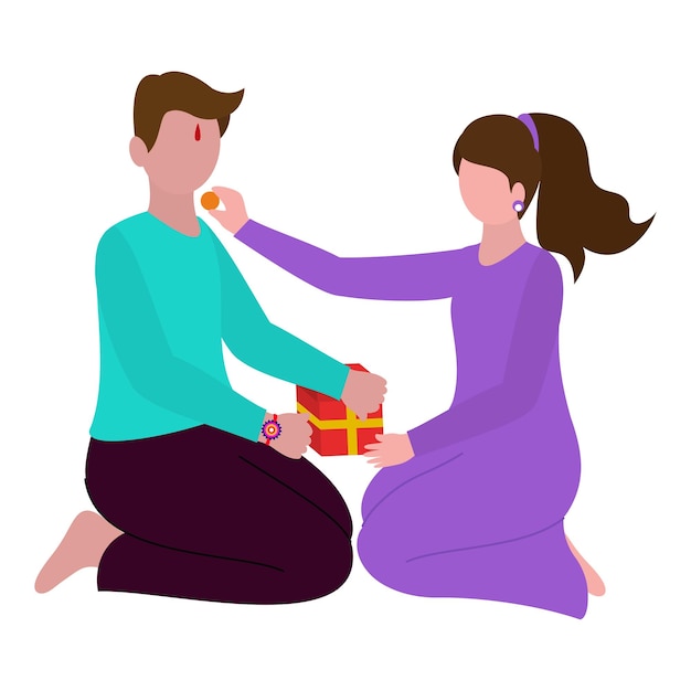 Faceless Young Girl Feeding Ladoo To Her Brother With Gift Box On White Background