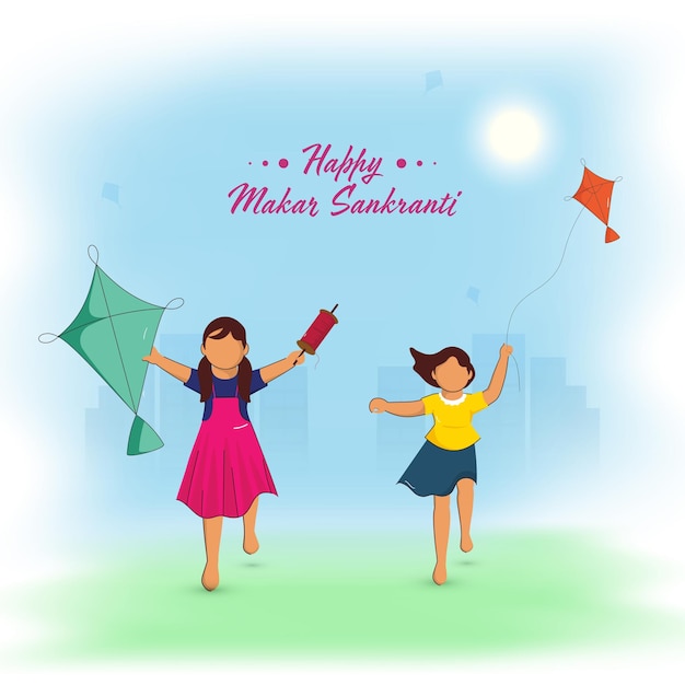 Faceless Young Girls Holding Kite With String Spool On Gradient Blue And Green Sun Background For Happy Makar Sankranti Concept