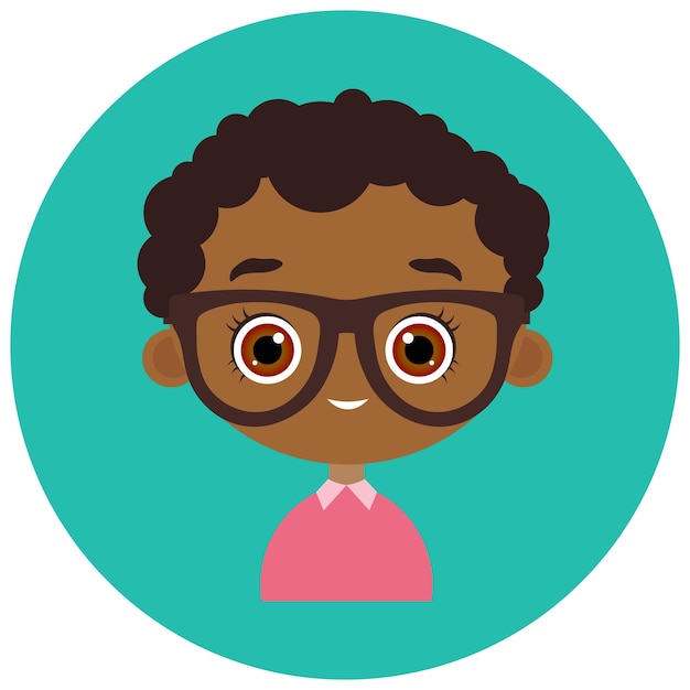 Faces Avatar in circle. Portrait young african american boy with glasses. Flat cartoon style.