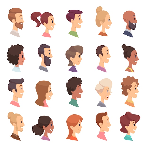 Faces profile. Avatars people expression simple heads male and female  persons cartoon illustrations. Profile male and female, people face user happy