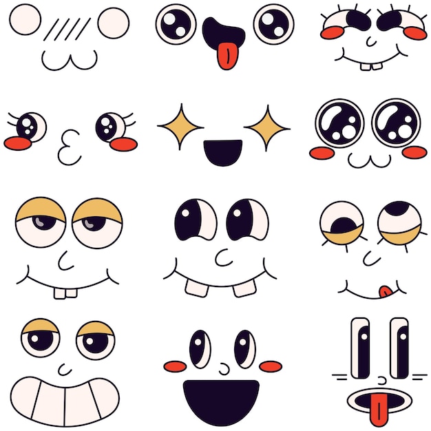 Faces with different emotions on the white background in the cartoon style of the 70s