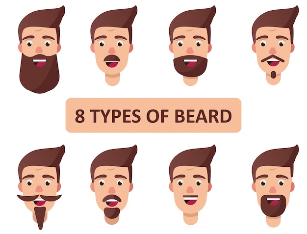 Facial hair types. Variations haircuts beards. 8 types of beard. Vector isolated illustration