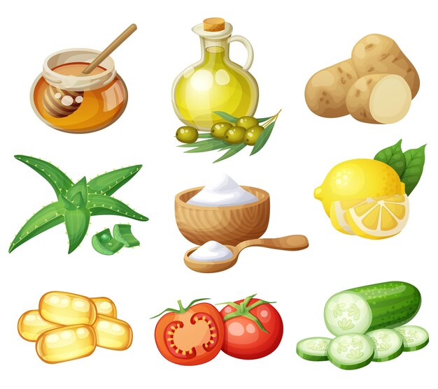 Facial mask ingredients for home face skin care cartoon vector food icons set