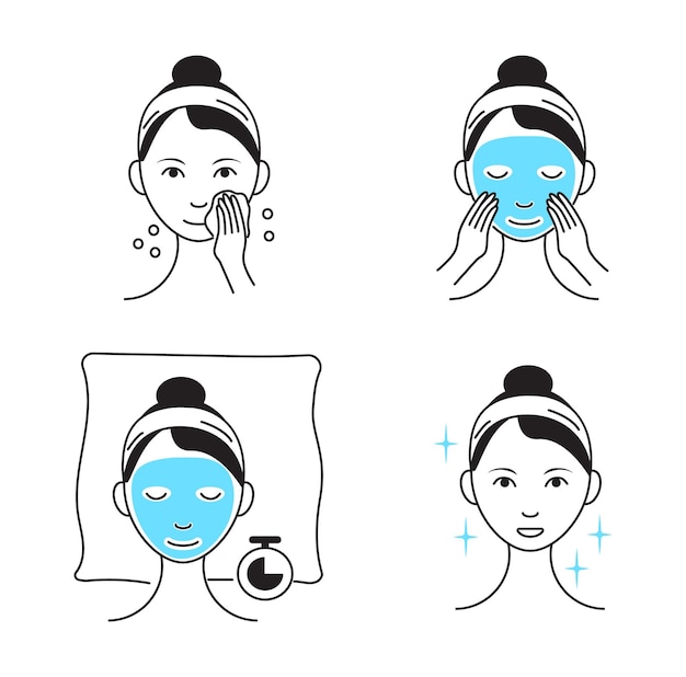 Facial mask sheet applying vector Girl shows steps how to cleaning whiting face and use cosmetic mask Infographic in outline style illustration isolated