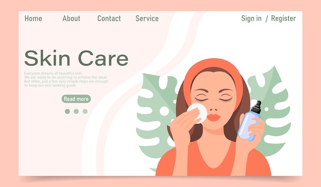 Facial skin care concept Landing page template A woman makes cosmetic spa procedures for her face