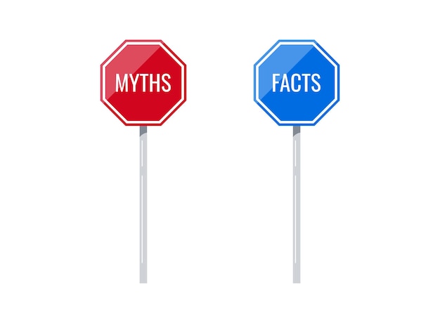 Fact and myth on road sign vector set True or fiction on red and blue octagon plate isolated on white background Flat design illustration